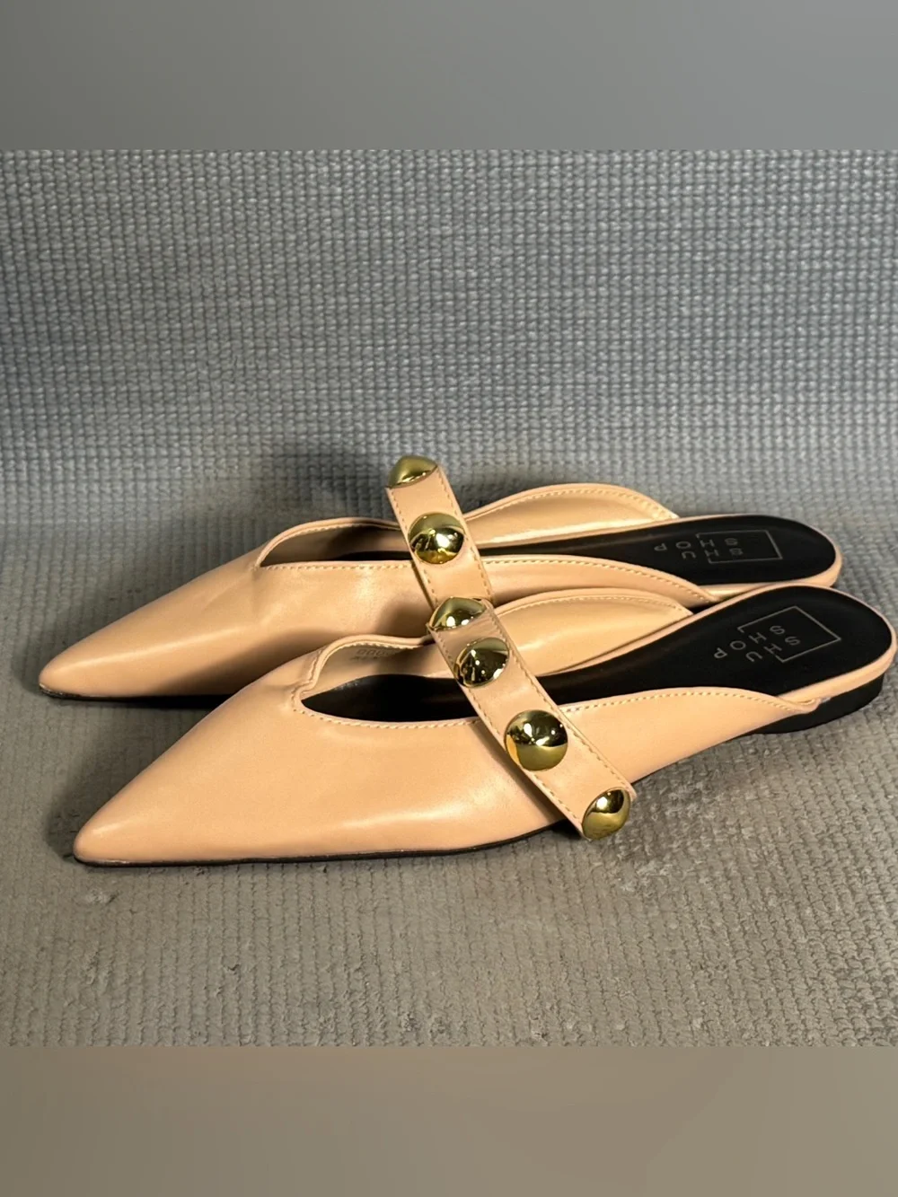 Shu Shop Gold Bead Beige Slide Fashion Flats Women’s Size 7.5
